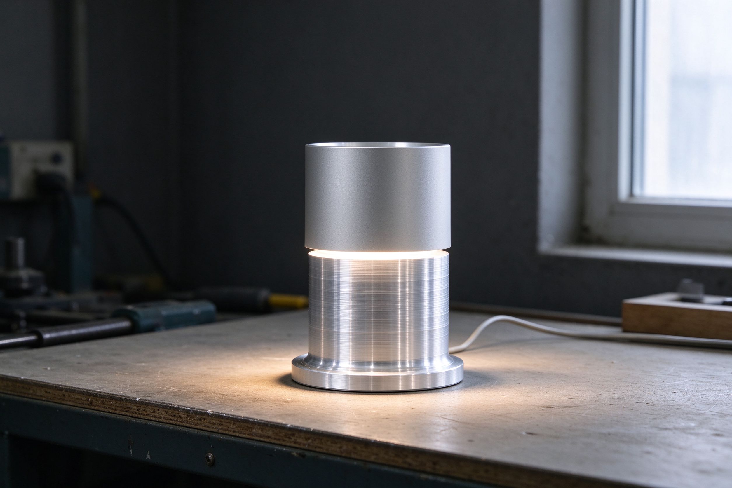 Machined aluminium luminaire component on a workbench in the Tamp Kokakivi workshop